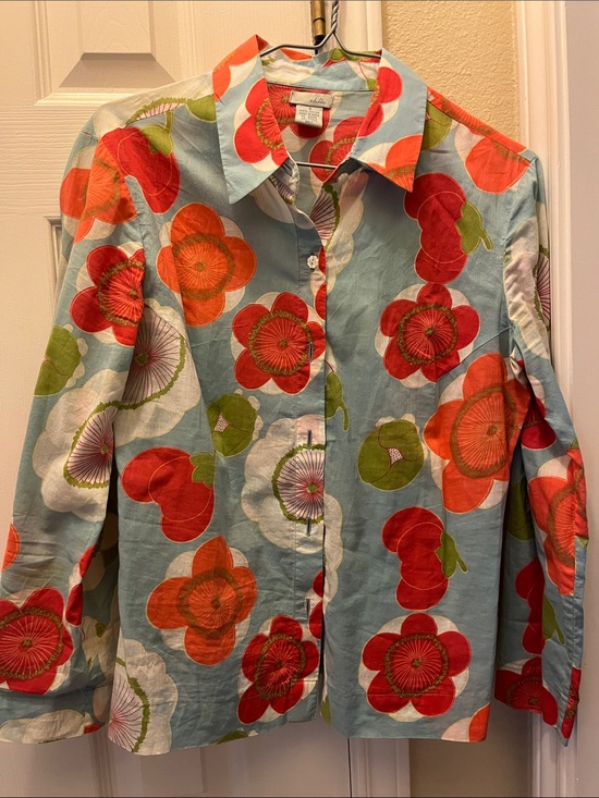 Odille Tops - Anthropology Floral Button down Shirt - Blue with Red & Orange Flowers Odille